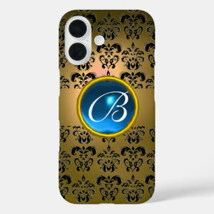 COQUES iPhone 16 JAUNE BLACK DAMASK BLUE GEMSTONE MONOGRAM