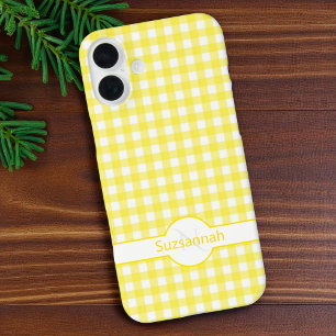 Coque Pour iPhone 16 Plus Jaune En vichy Vérifier Monogramme Personnalisé Co