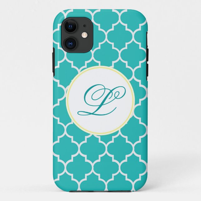 Coques Case-Mate iPhone Jaune et monogramme Quatrefoil d'Aqua (Dos)