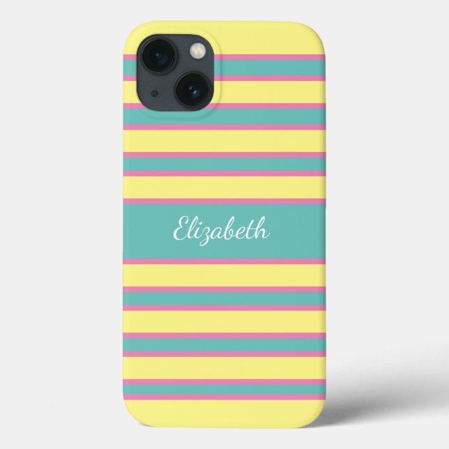 Coques Case-Mate iPhone Jaune Monogramme Rose Turquoise Rayé (Verso)