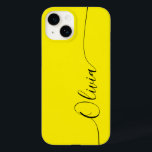 Coque Case-Mate iPhone Jaune Noir Élégant Calligraphie Nom du script<br><div class="desc">Jaune Noir Élégant Script de calligraphie personnalisée Nom personnalisé iPhone 14 Smart Phone Boîtes dispose d'un design moderne et tendance simple et élégant avec votre nom personnalisé dans élégante calligraphie manuscrite typographie de script sur un arrière - plan jaune. Conçu par ©Evco Studio www.zazzle.com/store/evcostudio</div>