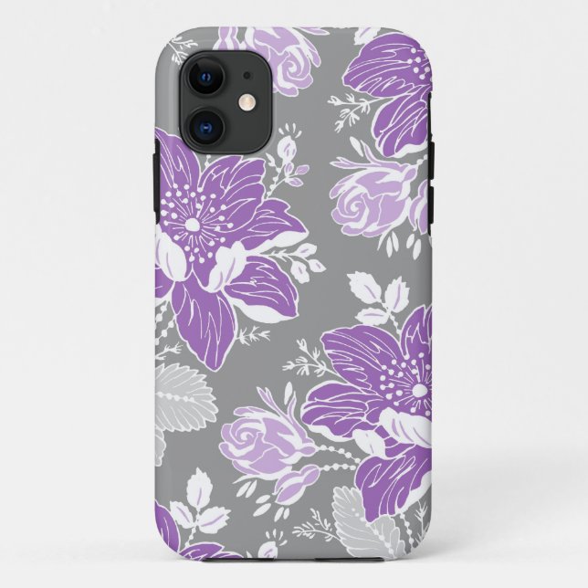 Coques Case-Mate iPhone je téléphone le motif 5 floral gris pourpre (Dos)