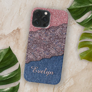 Coque Case-Mate iPhone Jean Bleu Denim Rose Gold Rose Pailleté