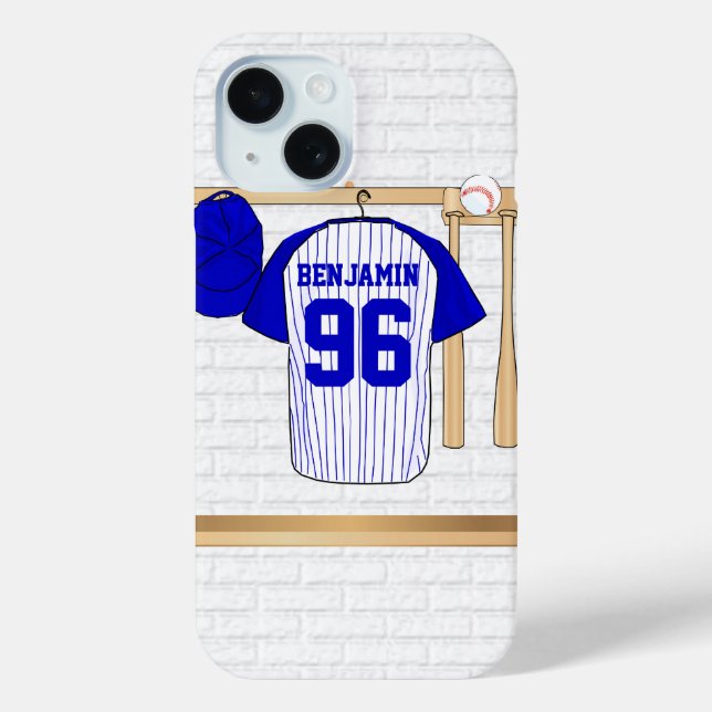 Coques Case-Mate iPhone Jersey de baseball bleu et blanc personnalisé (Verso)