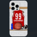 Coque Case-Mate iPhone Jersey de basket-ball personnalisé (rouge)<br><div class="desc">Maillot de basket rouge et blanc suspendu dans un vestiaire avec un basket,  des baskets de basket et une bouteille de boisson. Le maillot est personnalisable avec vos propres numéros et nom,  pour créer un cadeau vraiment unique pour le joueur de basket ou de basket</div>