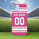 Coque Pour iPhone 16 Jersey de sport blanc rose avec nom et numéro<br><div class="desc">Cette conception sportive est parfaite pour toute athlète féminine jouant à la crosse,  au football ou au softball. Vous changez les numéros en votre nombre de chance ou même un âge spécial pour une fête d'anniversaire.</div>