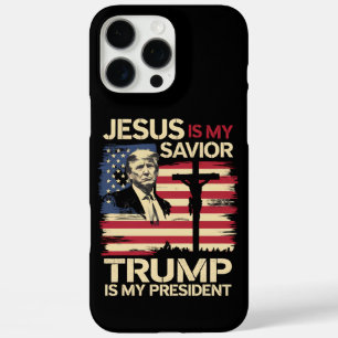 Coque iPhone 16 Pro Max Jésus est mon sauveur Trump est mon président Drap