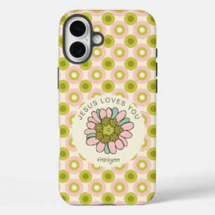 Coque Pour iPhone 16 Plus Jésus t'aime Pink Green Cercles Motif