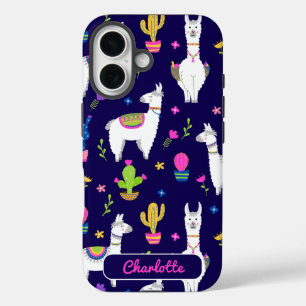 Coque Pour iPhone 16 Joli Alpaca Coloré Cactus Nom Personnalisé Bleu Fo