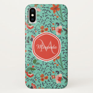 Coque Case-Mate iPhone Joli Aquamarine Orange et Rouge Floral Monogramme