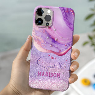 Coque Case-Mate iPhone Joli art de marbre violet paillettes monogramme