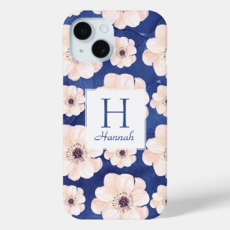 Coque Pour iPhone 15 Joli Blue Pêcher Motif Floral Monogramme