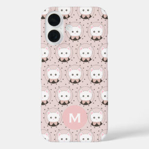 Coque Pour iPhone 16 Joli Chat Face Rose Dotty Motif Monogramme