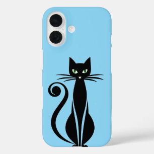 Coque Pour iPhone 16 Joli Chat Noir Avec Des Yeux Verts
