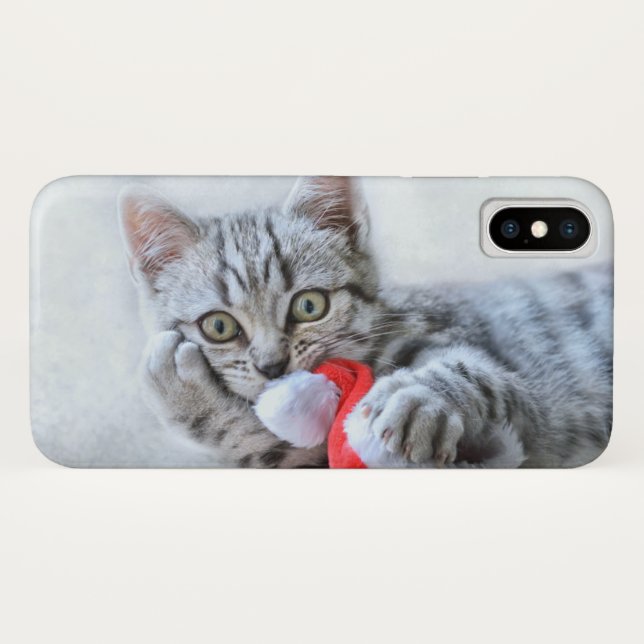 Coques Case-Mate iPhone Joli chat tabby gris avec chapeau de Noël (Dos (Horizontal))