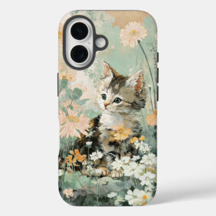 Coque Pour iPhone 16 Joli chaton vintage dans des fleurs Cottagecore iP