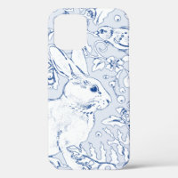 Joli croquis bleu et blanc lapin Oiseau floral feu