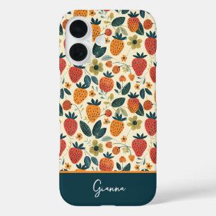 Coque Pour iPhone 16 Joli design de fraise avec nom personnalisé