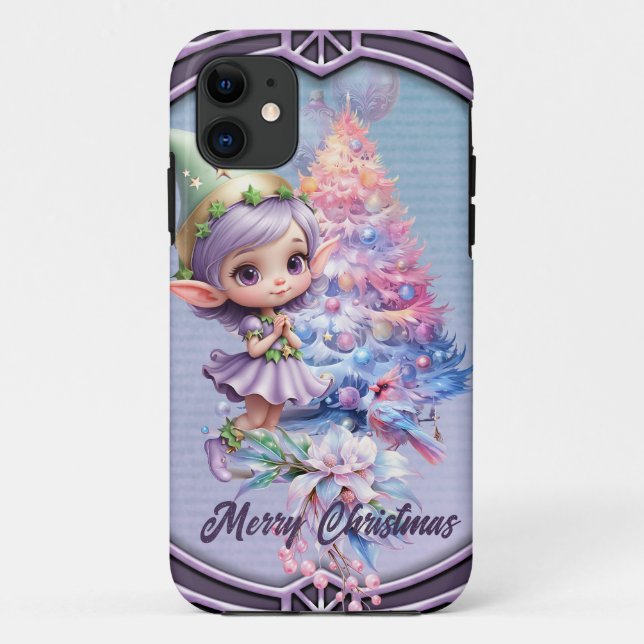 Coques Case-Mate iPhone Joli elfe de Noël aux couleurs violettes délicates (Dos)