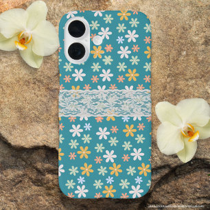 Coque Pour iPhone 16 Joli floral turquoise avec dentelle blanche Fille