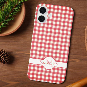 Coque Pour iPhone 16 Plus Joli Gingham Rouge à Carreaux Monogrammé Personnal