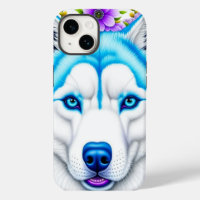 Joli Husky aux yeux bleus et fleurs fantaisistes