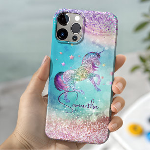 Coque Case-Mate iPhone Joli licorne rose paillettes arc-en-ciel aqua mono