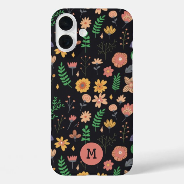Coques Case-Mate iPhone Joli modèle floral foncé moderne Monogramme (Verso)