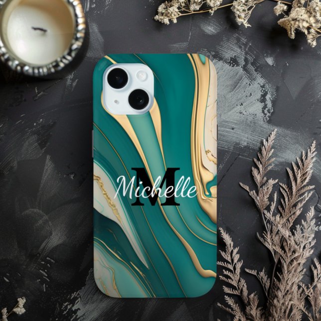 Coques Case-Mate iPhone Joli Monogramme Aqua Gold Fluid Art Marbre Esthéti (Monogram Aqua and Gold Marble Sleek - Choose Your Phone Type)