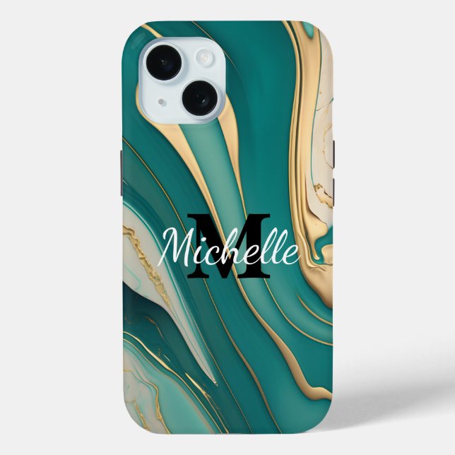 Coques Case-Mate iPhone Joli Monogramme Aqua Or Art Liquide Marbre Esthéti (Verso)
