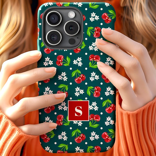 Coques Case-Mate iPhone Joli Monogramme Cerises Floral à Points Teal (Créateur téléchargé)