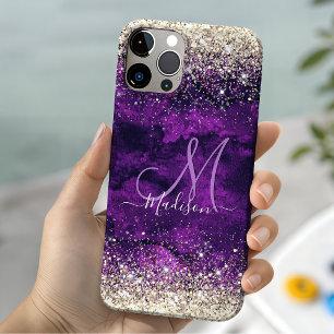Coque Case-Mate iPhone Joli monogramme doré et violet foncé avec faux bri