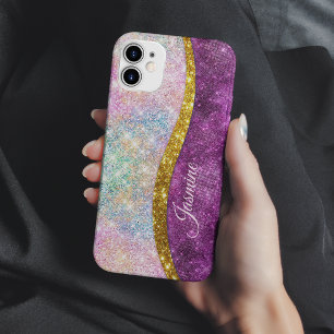 Case-Mate iPhone Case Joli monogramme doré fuchsia iridescent faux paill