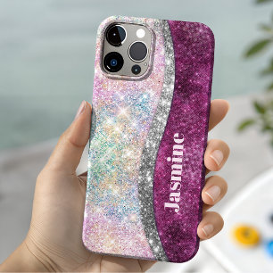 Coque Case-Mate iPhone Joli monogramme iridescent rose argent faux paille
