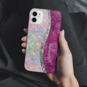Coque Case-Mate iPhone Joli monogramme iridescent rose argent pailleté fa