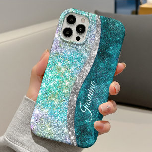 Case-Mate iPhone Case Joli monogramme iridescent turquoise faux pailleté