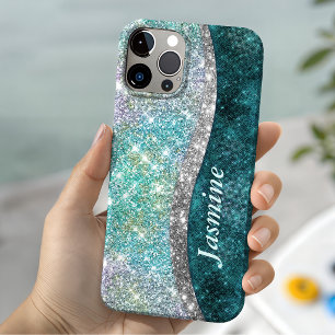 Coque Case-Mate iPhone Joli monogramme iridescent turquoise faux pailleté