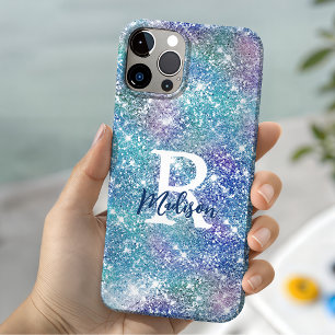 Coque Case-Mate iPhone Joli monogramme licorne iridescent bleu rose paill