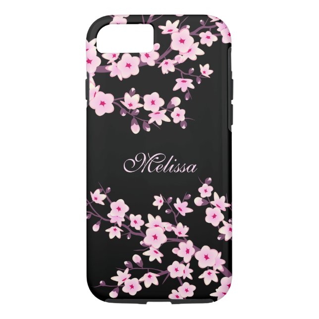 Coques Case-Mate iPhone Joli Monogramme noir rose Fleur de cerisier (Dos)