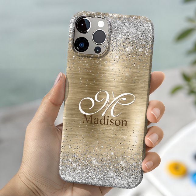 Coques Case-Mate iPhone Joli monogramme pailleté argent faux or brossé (Créateur téléchargé)