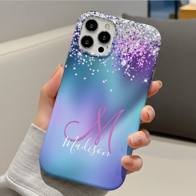 Coques Case-Mate iPhone Joli monogramme pailleté faux turquoise violet (Créateur téléchargé)