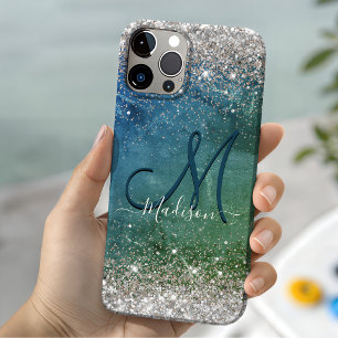 Coque Case-Mate iPhone Joli monogramme pailleté or faux bleu vert