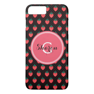 Coque iPhone 8 Plus/7 Plus Joli motif de fraise noir rose monogramme féminin
