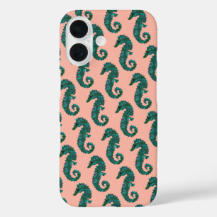 Coque Pour iPhone 16 Joli motif de hippocampe sarcelle et corail sur le