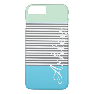 Case-Mate iPhone Case Joli motif de rayures prépa bleu vert avec monogra