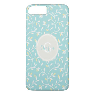 Coque iPhone 8 Plus/7 Plus Joli motif floral pastel menthe avec monogramme fé