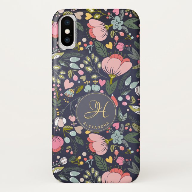 Coques Case-Mate iPhone Joli motif floral rose et gris avec monogramme per (Dos)