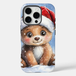 Coque iPhone 16 Pro Joli Noël d'hiver ours en peluche Santa aquarelle