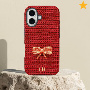 Coque Pour iPhone 16 Joli Nœud au Crochet Rouge Fil Personnalisé