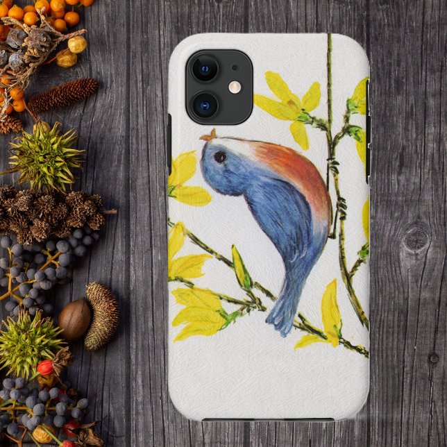 Coques Case-Mate iPhone Joli oiseau bleu chantant sur une branche d'arbre (Pretty blue and red bird singing on branch with yellow flowers on faux textured white phone case.)